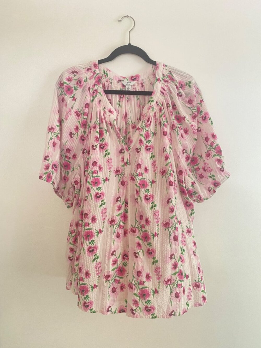 Crown & Ivy Floral Pink Lightweight Cotton Smocked Peasant Blouse Size 3X